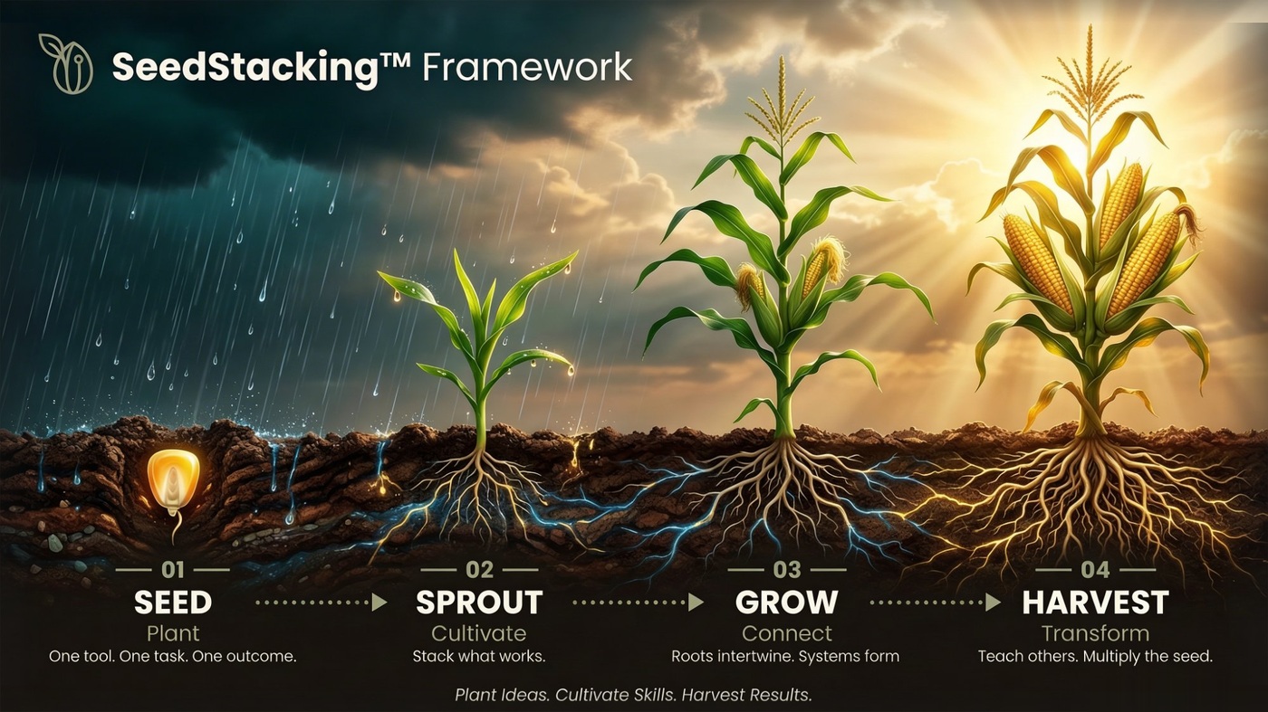 SeedStacking™ Framework: Phase 01 Seed (Plant), Phase 02 Sprout (Cultivate), Phase 03 Grow (Connect), Phase 04 Harvest (Transform) — building AI fluency through the corn growth lifecycle