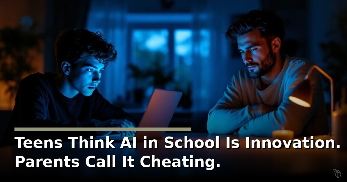 Teen using AI on laptop in blue light while parent looks concerned in warm light, representing the generational AI ethics divide in education.
