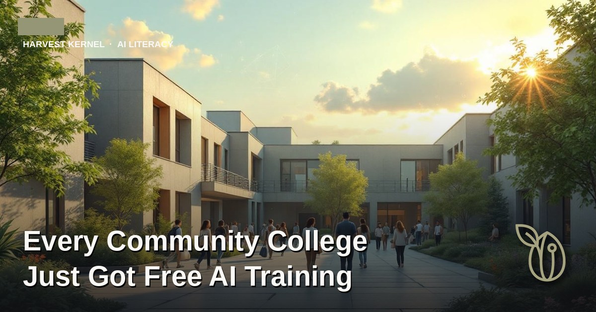 Diverse community college students walking across a sunlit campus plaza with sage-green foliage, symbolizing access to free AI training and curriculum.