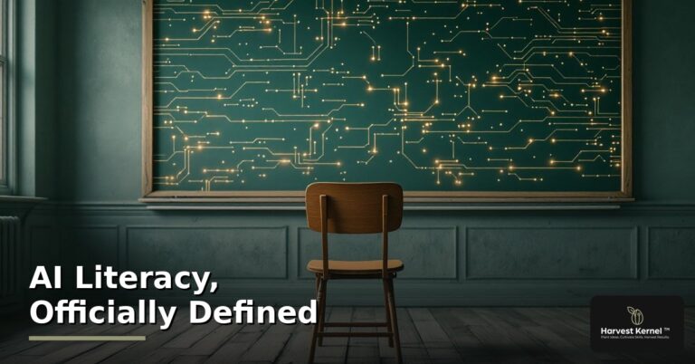 An empty classroom chair facing a chalkboard dissolving into glowing circuitry, illustrating the official definition of AI literacy. Harvest Kernel.
