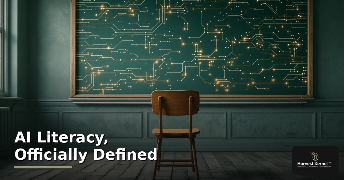 An empty classroom chair facing a chalkboard dissolving into glowing circuitry, illustrating the official definition of AI literacy. Harvest Kernel.
