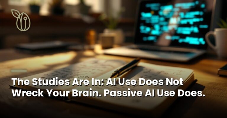 Handwritten notes beside a laptop displaying AI output — symbolizing active human thinking in dialogue with AI rather than passive offloading