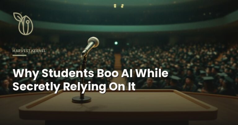 College graduation podium facing graduates, on the paradox of AI fear and AI use - Harvest Kernel