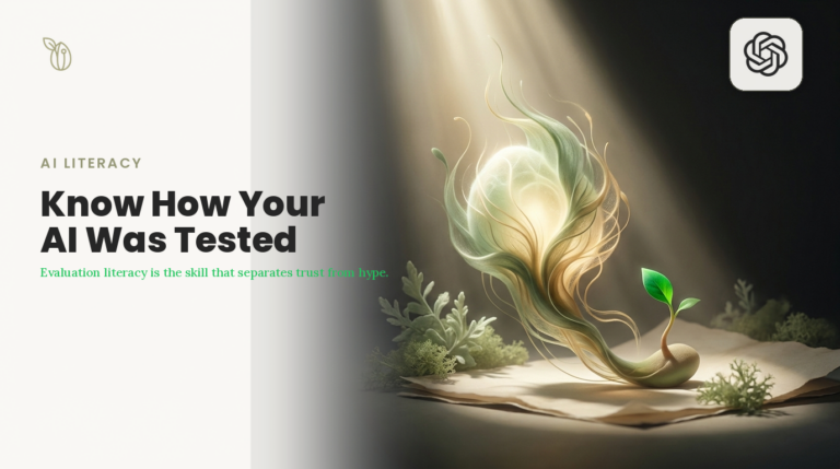 Editorial illustration of a glowing AI seed sprouting under light, evaluation literacy