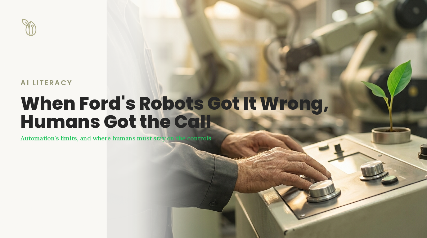 A weathered human hand on the controls of an automated assembly line, robotic arms behind