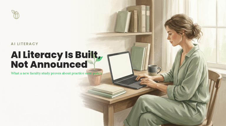 An educator working at a laptop with a growing sprout in a sunlit study