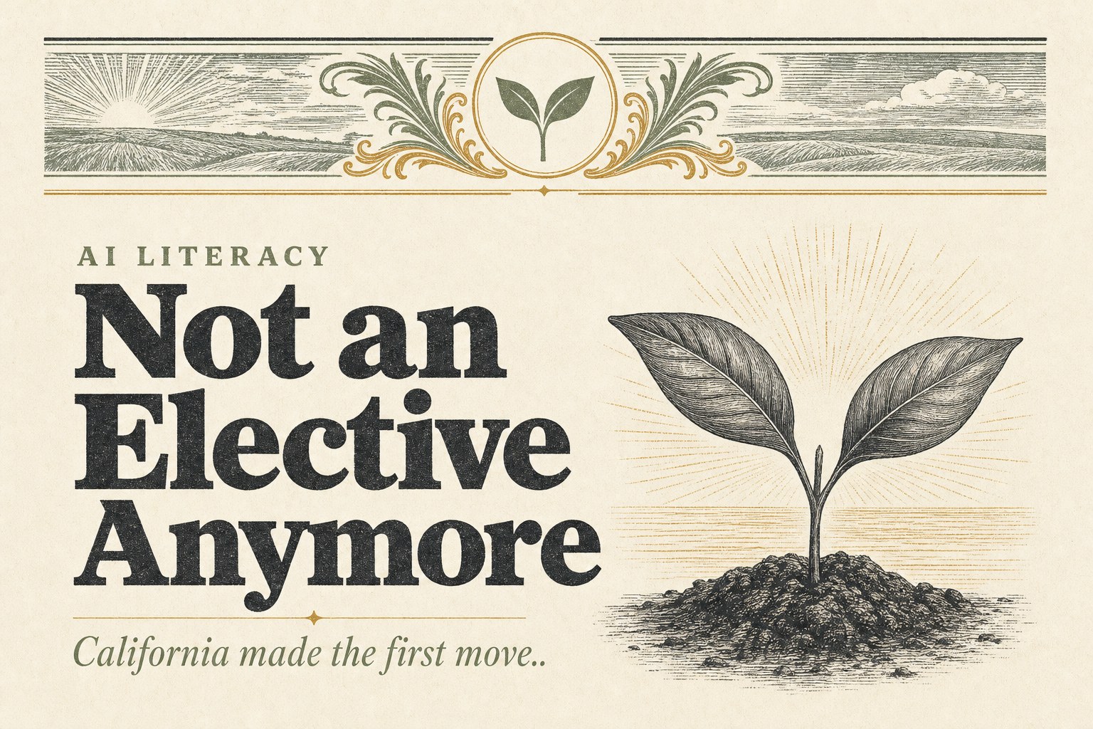 AI Ready California AI literacy credential, almanac style Harvest Kernel hero