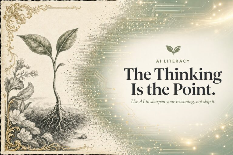 Antique botanical seedling engraving dissolving into sage and gold circuitry, with the words AI Literacy, The Thinking Is the Point, use AI to sharpen your reasoning not skip it