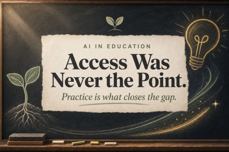 Chalkboard with cream paper panel reading Access Was Never the Point, Practice is what closes the gap, Harvest Kernel AI in Education hero