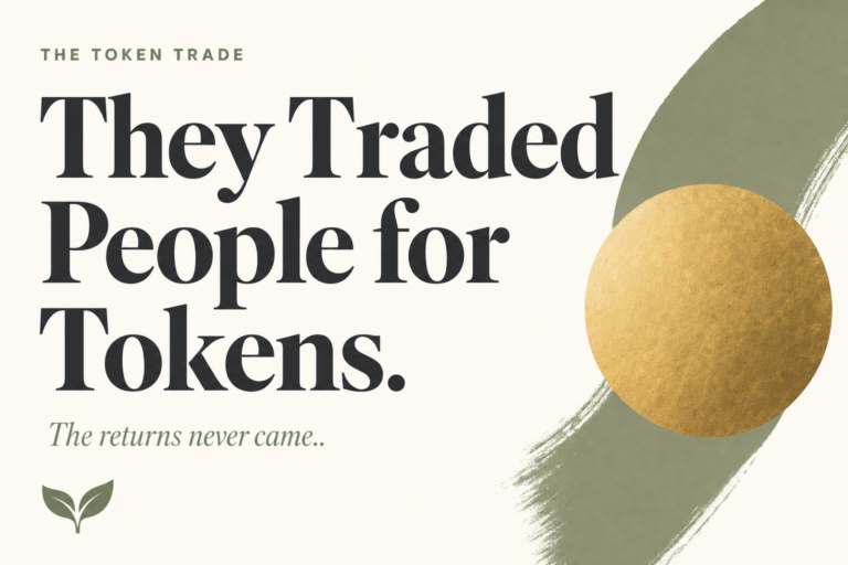 Bold editorial hero reading They Traded People for Tokens, Harvest Kernel