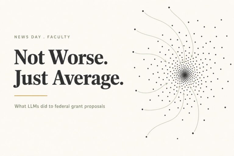 Editorial card reading Not Worse. Just Average. with the subtitle What LLMs did to federal grant proposals, beside a diagram of scattered dots converging tightly into a single dense center, in the Harvest Kernel cream, charcoal, sage and gold palette.
