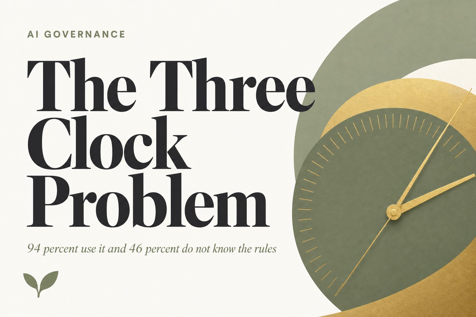 Editorial card reading The Three Clock Problem over a sage and brass clock face, with the subtitle 94 percent use it and 46 percent do not know the rules