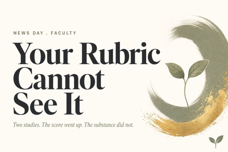 AI grade inflation editorial card reading Your Rubric Cannot See It, kicker News Day Faculty, subtitle Two studies. The score went up. The substance did not.