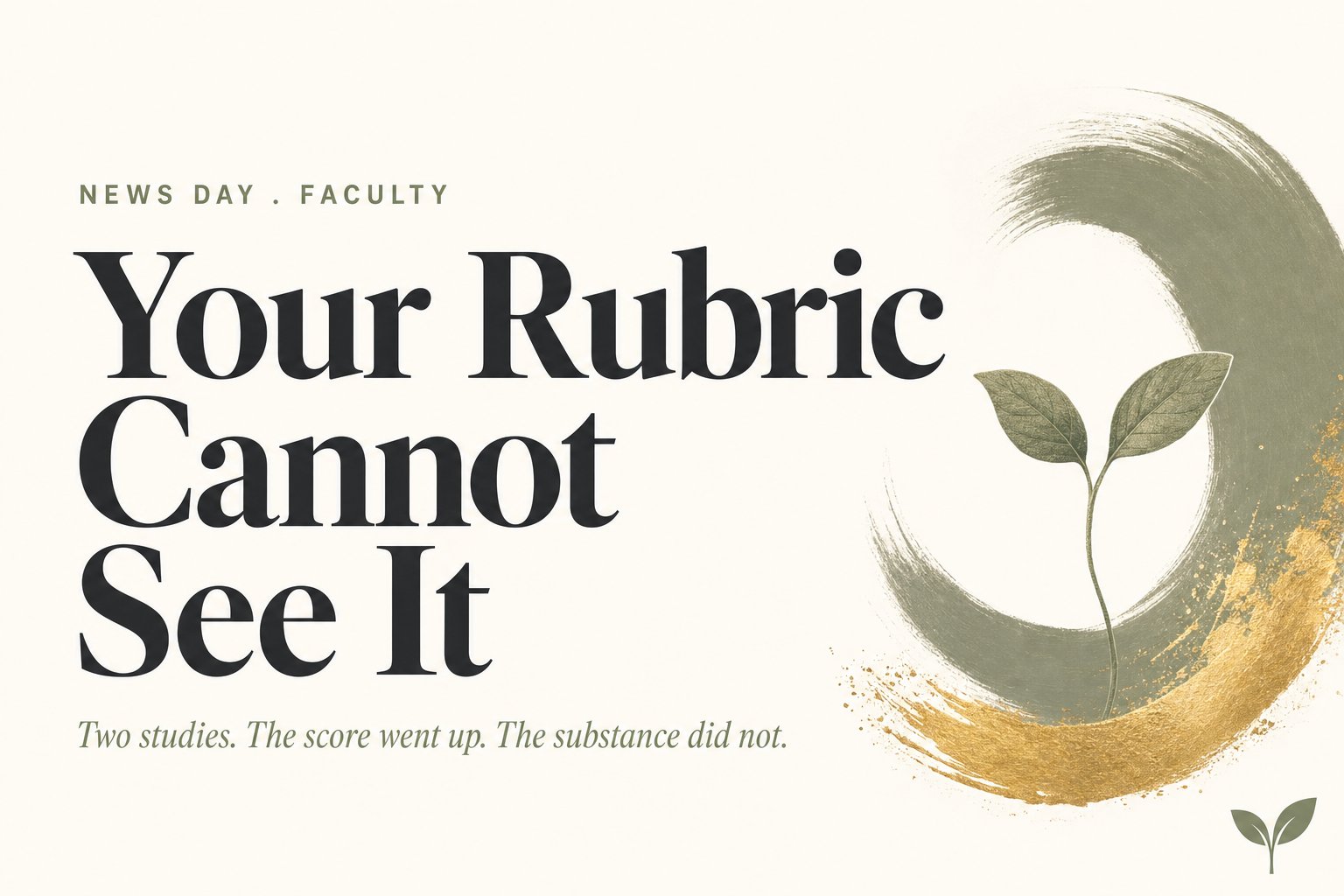 AI grade inflation editorial card reading Your Rubric Cannot See It, kicker News Day Faculty, subtitle Two studies. The score went up. The substance did not.