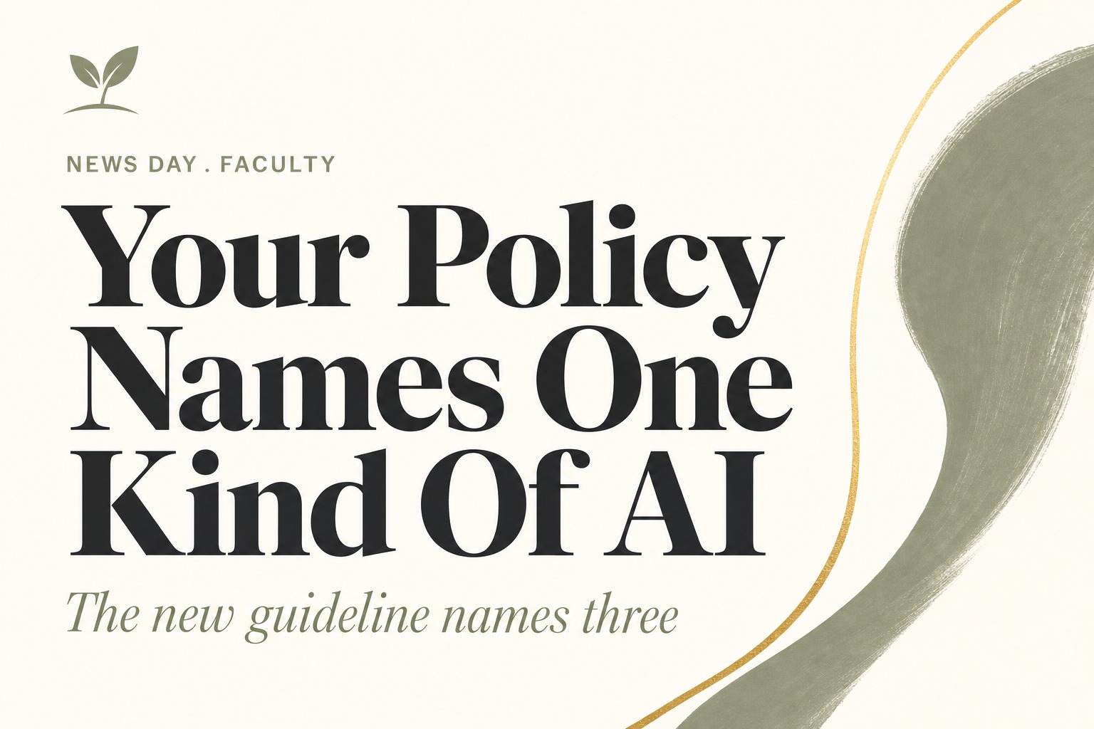 Cream editorial card. Kicker NEWS DAY . FACULTY in sage small caps. Charcoal serif headline reading Your Policy Names One Kind Of AI across three lines. Sage italic subtitle reading The new guideline names three. Harvest Kernel seedling mark upper left, sage brush shape and gold line at the right edge.