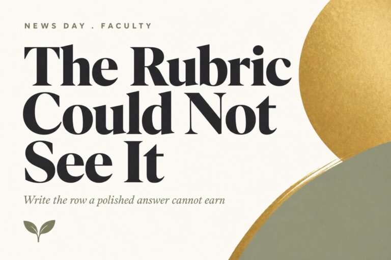 Bold editorial type card on cream. Kicker reads NEWS DAY . FACULTY in sage small caps. Headline reads The Rubric Could Not See It in charcoal serif over three lines. Subtitle in sage italic reads Write the row a polished answer cannot earn. Gold and sage circles at right, Harvest Kernel sage seedling mark at lower left.
