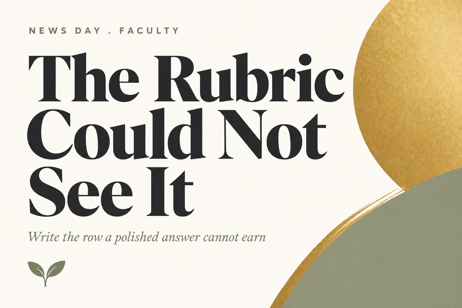 Bold editorial type card on cream. Kicker reads NEWS DAY . FACULTY in sage small caps. Headline reads The Rubric Could Not See It in charcoal serif over three lines. Subtitle in sage italic reads Write the row a polished answer cannot earn. Gold and sage circles at right, Harvest Kernel sage seedling mark at lower left.