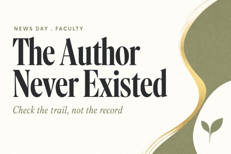 Fabricated authors card. Bold editorial type on a cream ground. Kicker reads NEWS DAY . FACULTY in letterspaced sage small capitals. Headline reads The Author Never Existed in charcoal serif across two lines. Subtitle reads Check the trail, not the record in sage italic. A gold brushstroke curves over a sage shape at the right edge with the Harvest Kernel two leaf seedling mark below it.