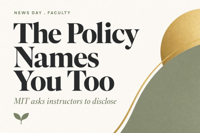 Harvest Kernel news day card for faculty. Headline reads The Policy Names You Too, subtitle MIT asks instructors to disclose. Cream background with sage and gold shapes, illustrating the MIT recommendation that a syllabus AI policy also name the instructor's own AI use.