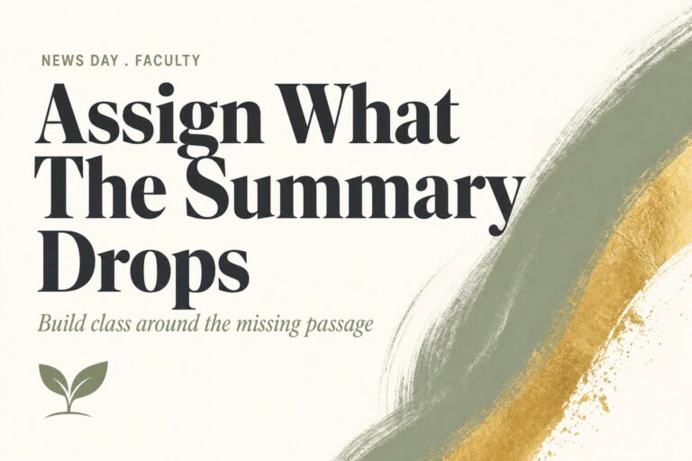 Harvest Kernel News Day card: Assign What The Summary Drops, a reading assignment built around the missing passage.
