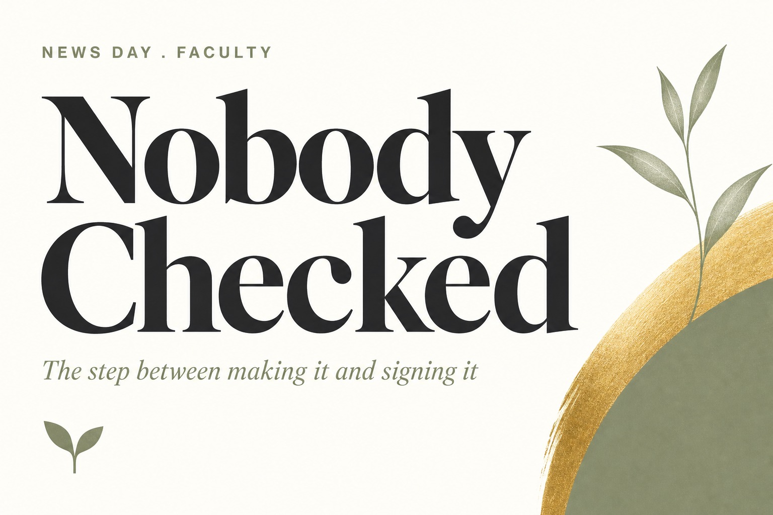 Bold editorial type card reading NEWS DAY . FACULTY, Nobody Checked, The step between making it and signing it, in the Harvest Kernel cream, charcoal, sage and gold palette with the sprout mark.