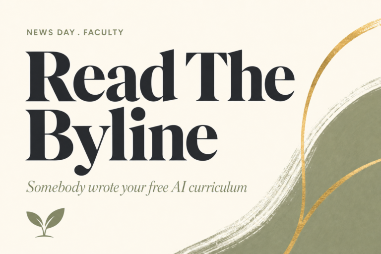 Cream editorial card reading NEWS DAY FACULTY, Read The Byline, Somebody wrote your free AI curriculum, with the Harvest Kernel seedling mark