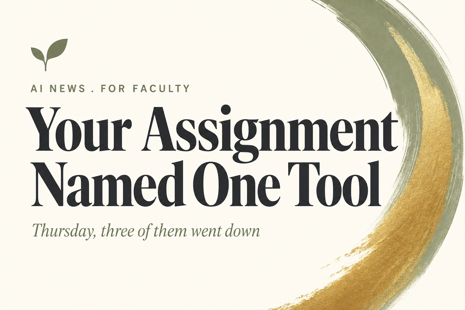 Editorial poster on cream with the Harvest Kernel seedling mark top left. Sage small caps kicker reads AI NEWS . FOR FACULTY. Charcoal serif headline across two lines reads Your Assignment Named One Tool. Sage italic subtitle reads Thursday, three of them went down. A single sage and gold brushstroke arcs down the right side.