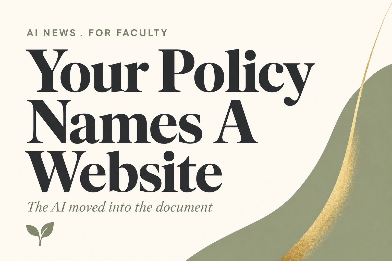 Editorial title card on a cream background for an article about AI policy in higher education. Sage letterspaced kicker reads AI NEWS . FOR FACULTY. Charcoal serif headline across three lines reads Your Policy Names A Website. Sage italic subtitle reads The AI moved into the document. A sage curve with a gold gradient stroke fills the right edge and the Harvest Kernel seedling mark sits at the lower left.