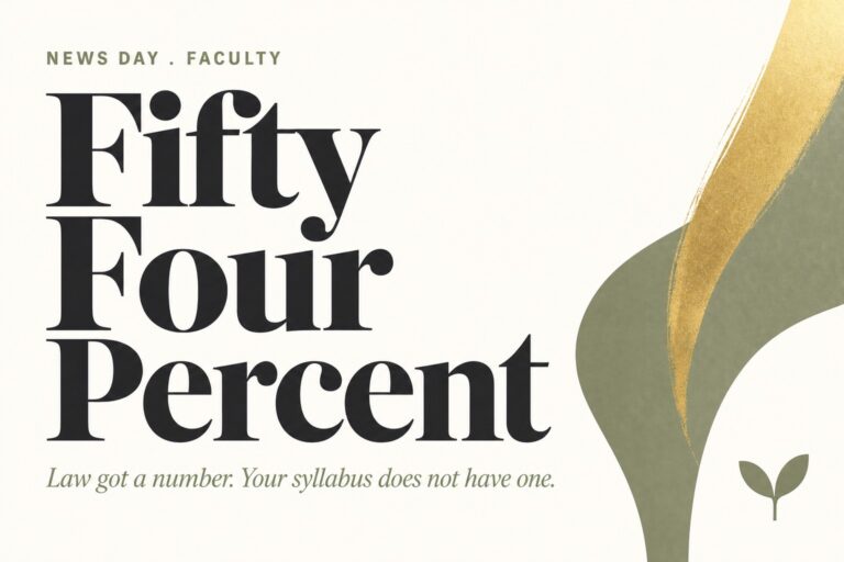 Bold editorial card on cream. Kicker reads NEWS DAY . FACULTY. Headline reads Fifty Four Percent in large charcoal serif type. Subtitle reads Law got a number. Your syllabus does not have one. Sage and gold brushstroke on the right with the Harvest Kernel seedling mark.