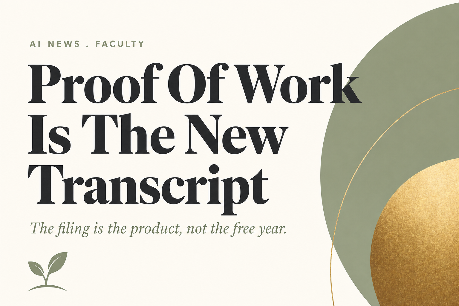 Editorial card reading Proof Of Work Is The New Transcript, kicker AI NEWS FACULTY, subtitle The filing is the product, not the free year.