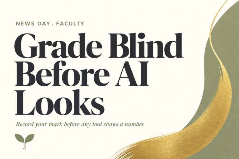Bold editorial card reading News Day, Faculty. Grade Blind Before AI Looks. Record your mark before any tool shows a number. AI grading guidance for faculty from Harvest Kernel.